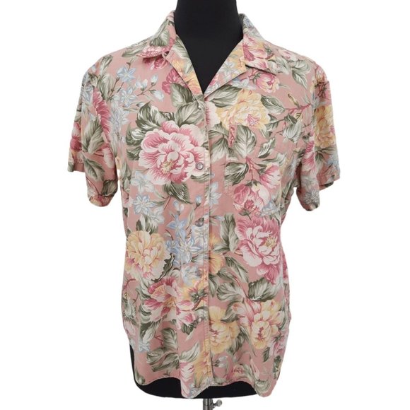 Vintage Tops - VTG 90s Lizwear Pink Floral Pearl Snap Shirt Size M Short Sleeves Cotton Yellow